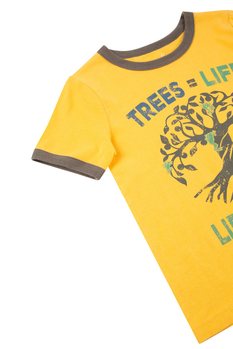 Close up of yellow and brown t-shirt with illustrated tree and 'trees = life life = trees' text