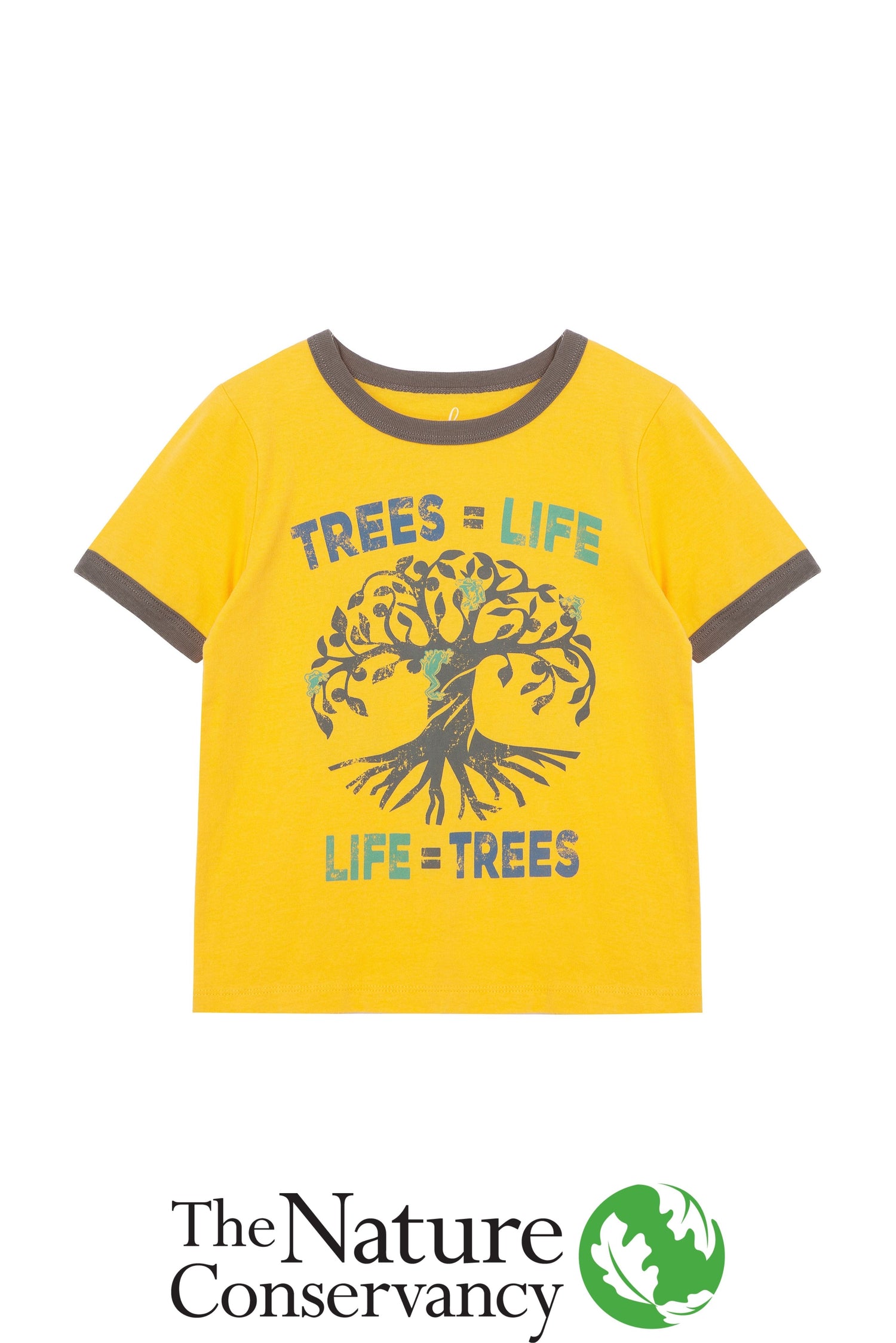 Yellow and brown t-shirt with illustrated tree and 'trees = life life = trees' text