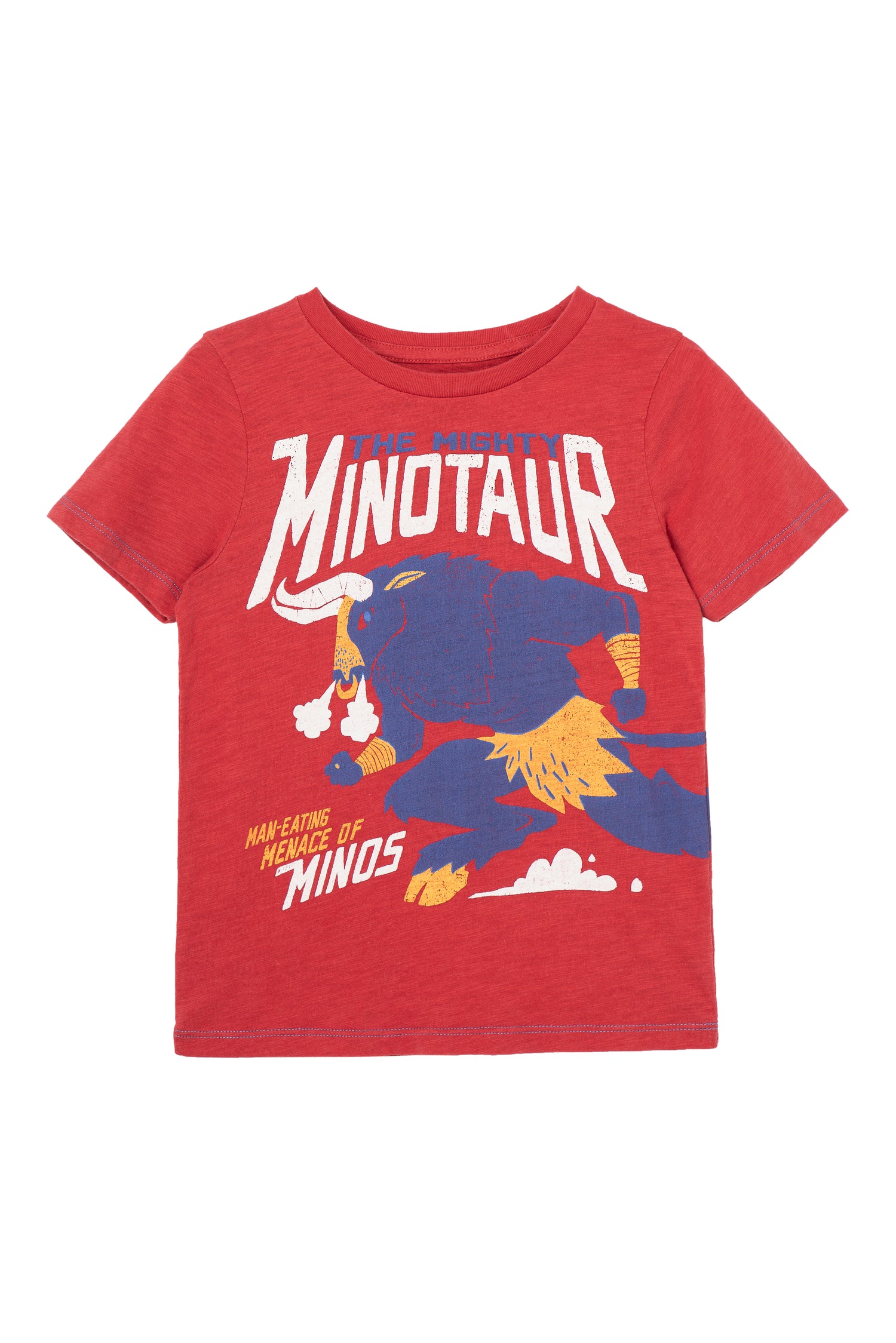 Red t-shirt with minotaur illustration and text 'the mighty minotaur'