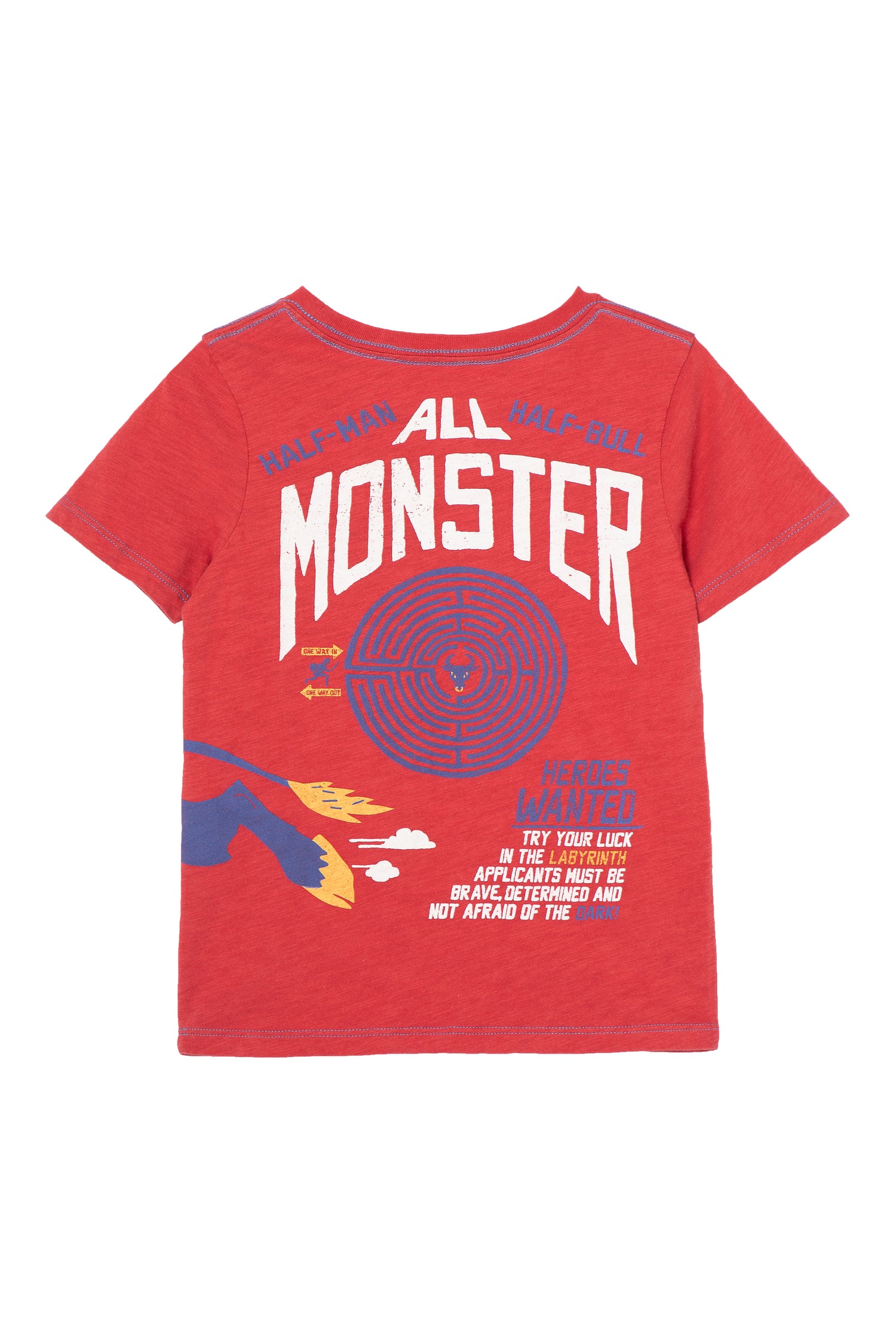 Back of red t-shirt with illustration and text 'half-man, half-bull, all monster'