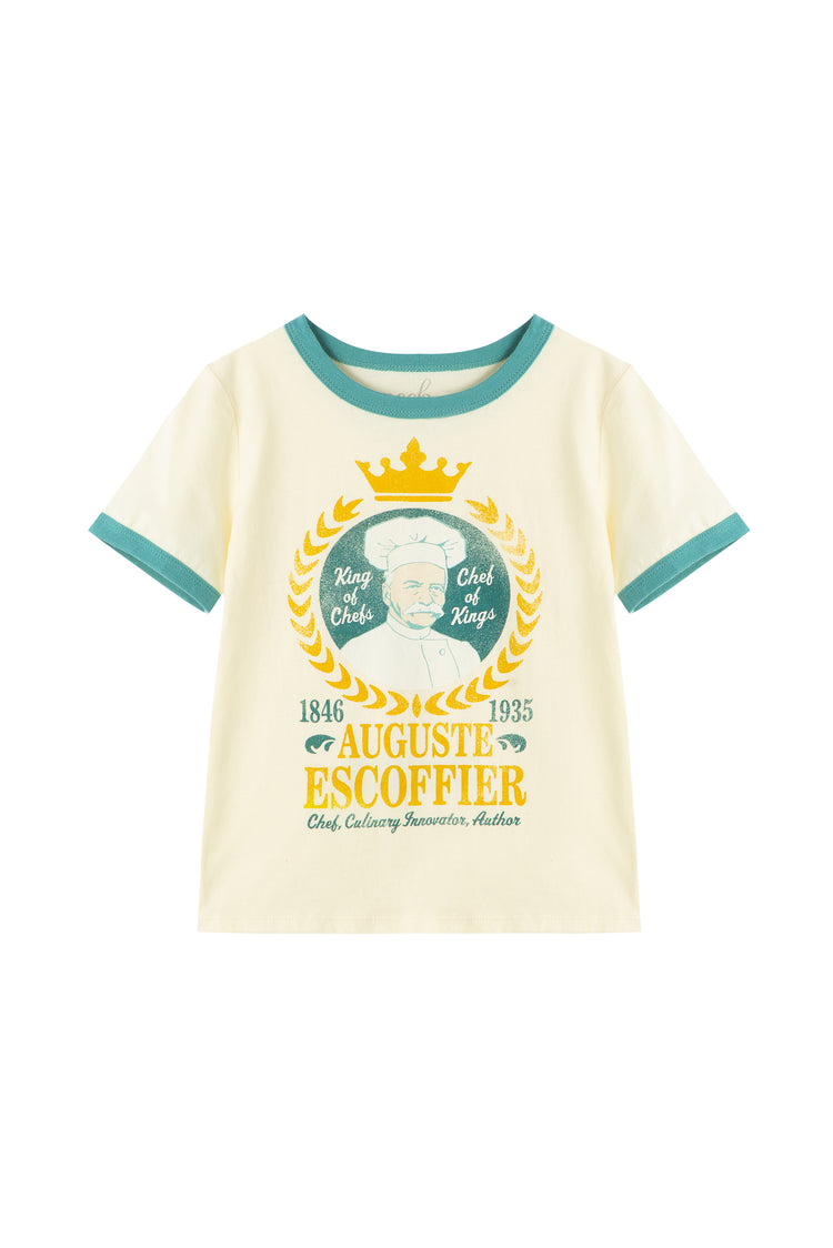 White and baby blue t-shirt with August Escoffier text and taglines