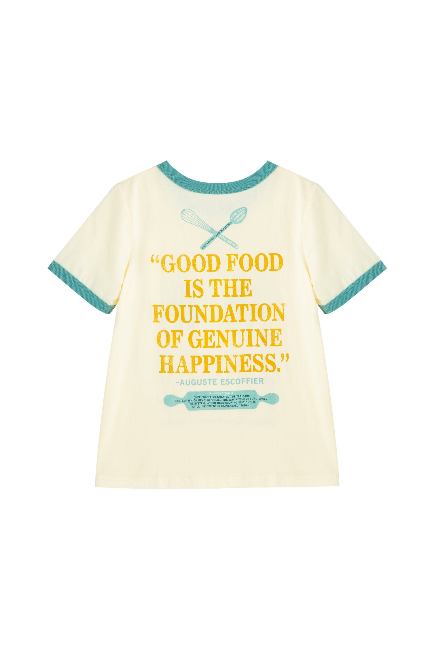 Back of white and baby blue t-shirt with quote "good food is the foundation of genuine happiness"