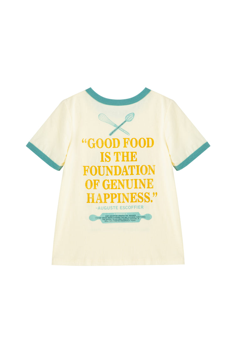 Back of white and baby blue t-shirt with quote "good food is the foundation of genuine happiness"