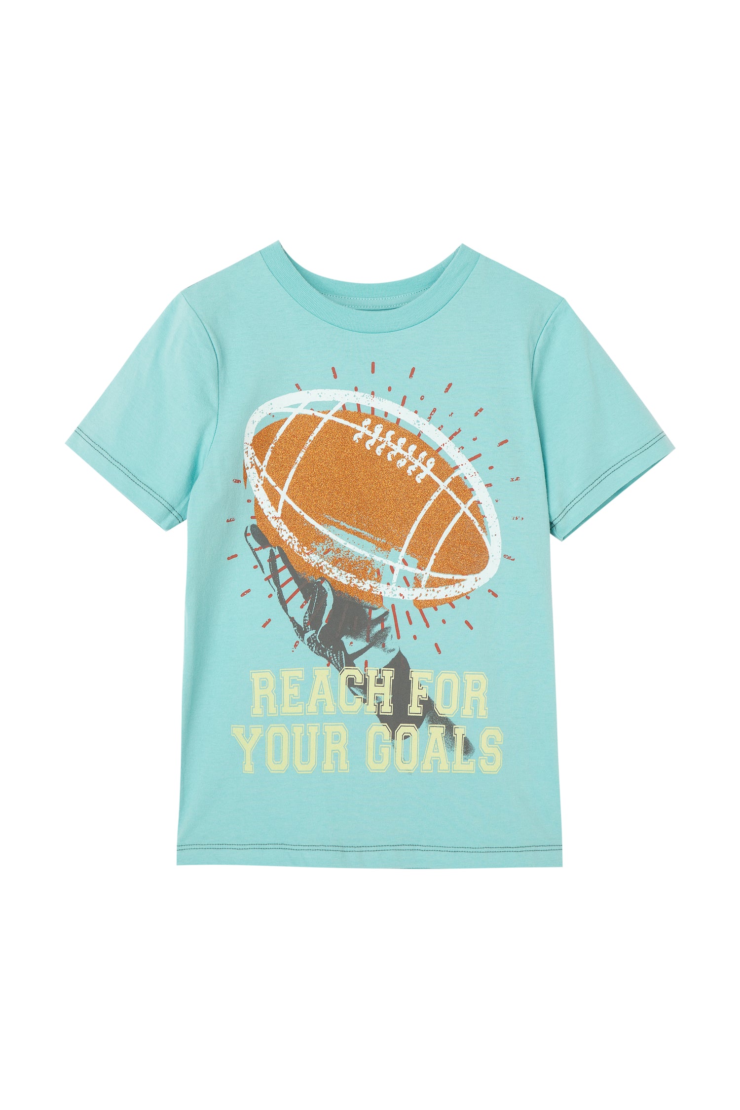 Front view of blue tee with a football and "reach for your goals" written