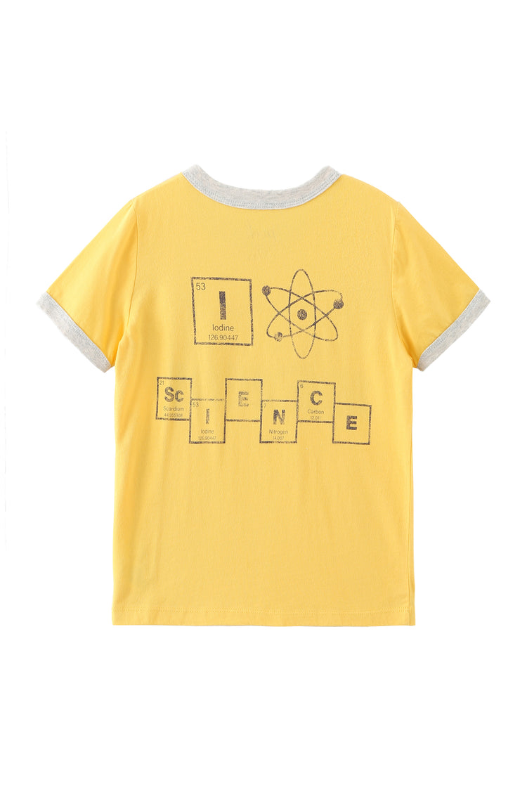Back view of yellow tee with " I love science" wording in elements 