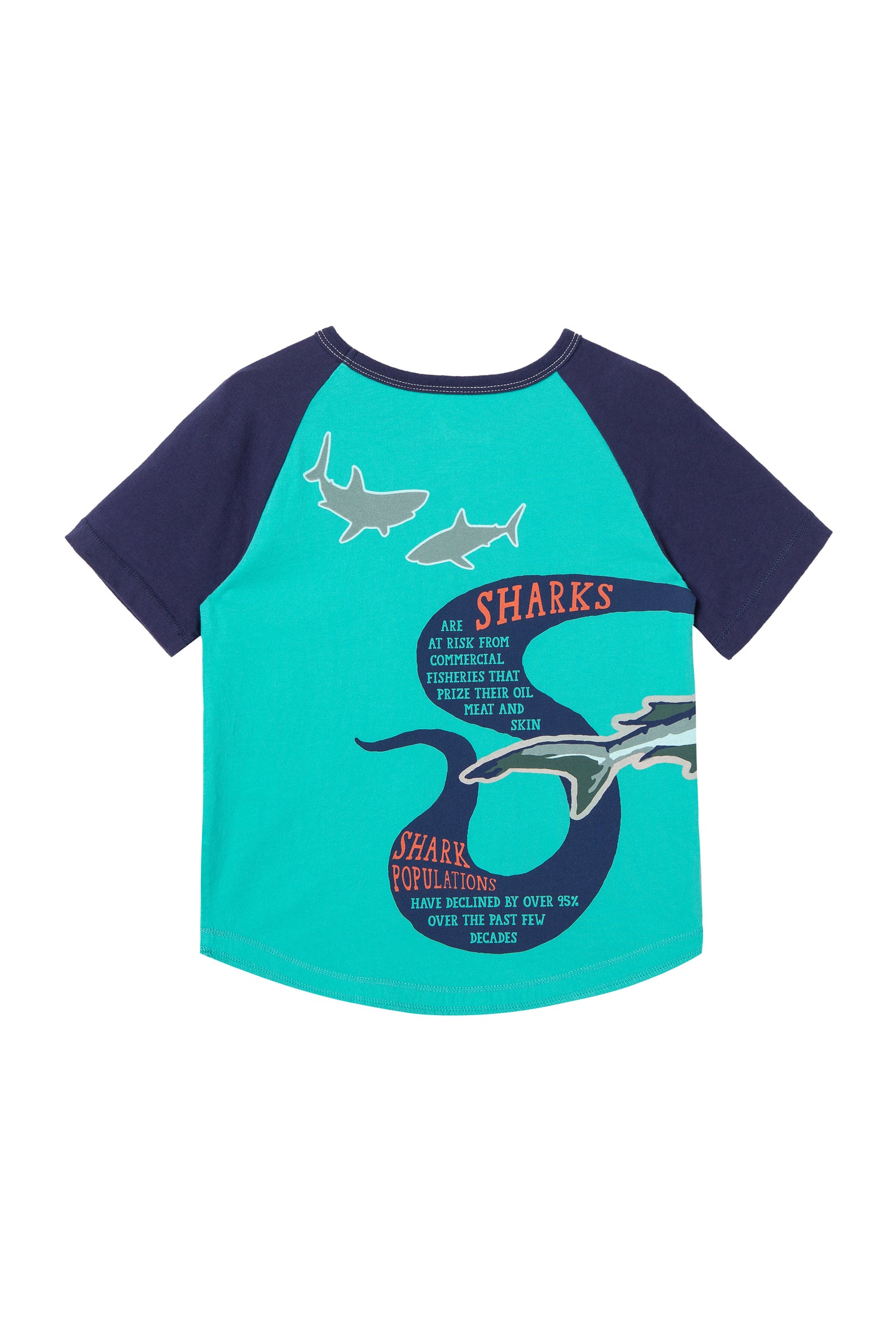 Front view of blue baseball tee style shirt with shark images and wording 
