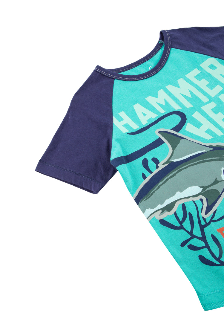 Side view of blue baseball tee style shirt with Hammerhead shark image and wording 