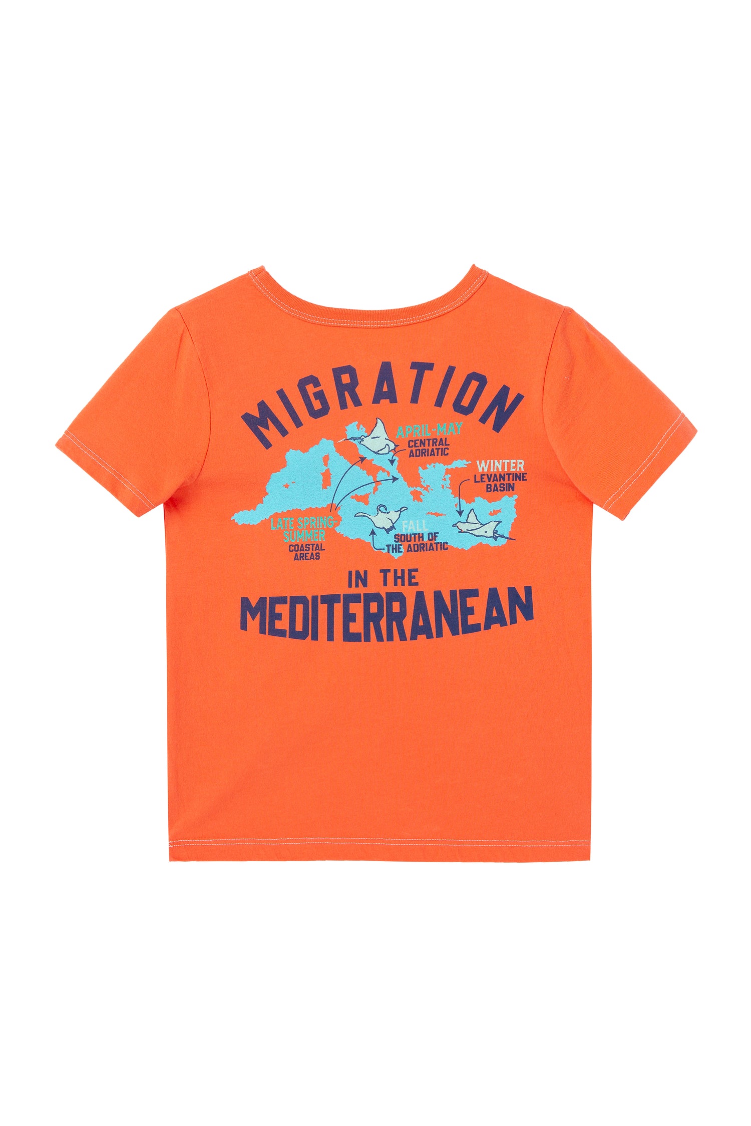 Front view Orange tee with blue image of the Mediterranean map 