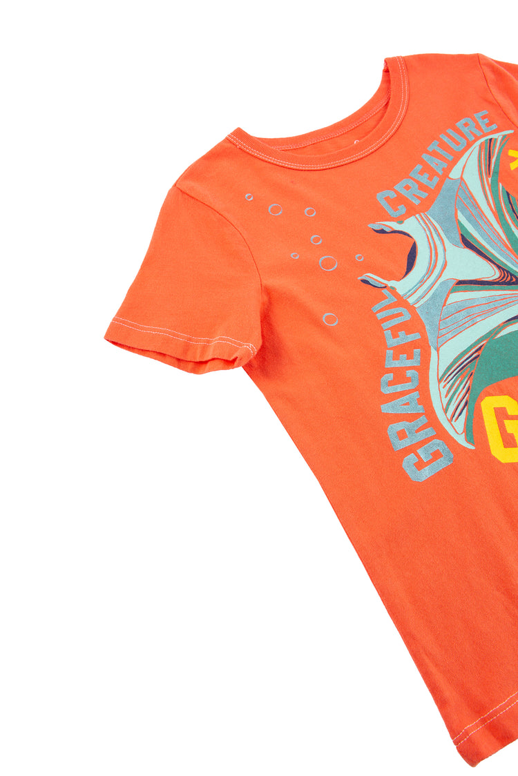 Close up Orange tee with blue image of the Mediterranean map 