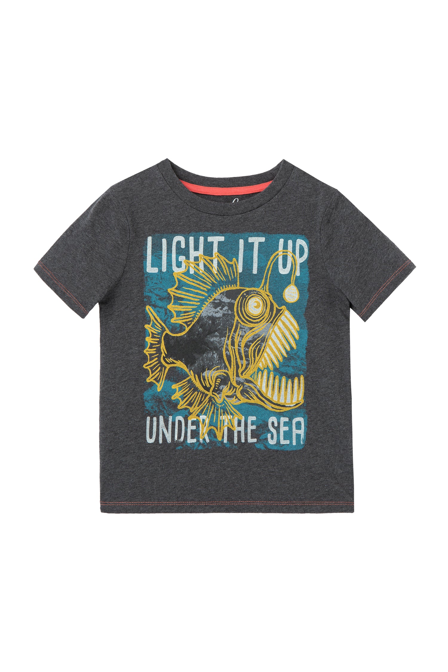 DARK GREY T-SHIRT WITH FISH GRAPHIC AND THE WORDS "LIGHT IT UP UNDER THE SEA"