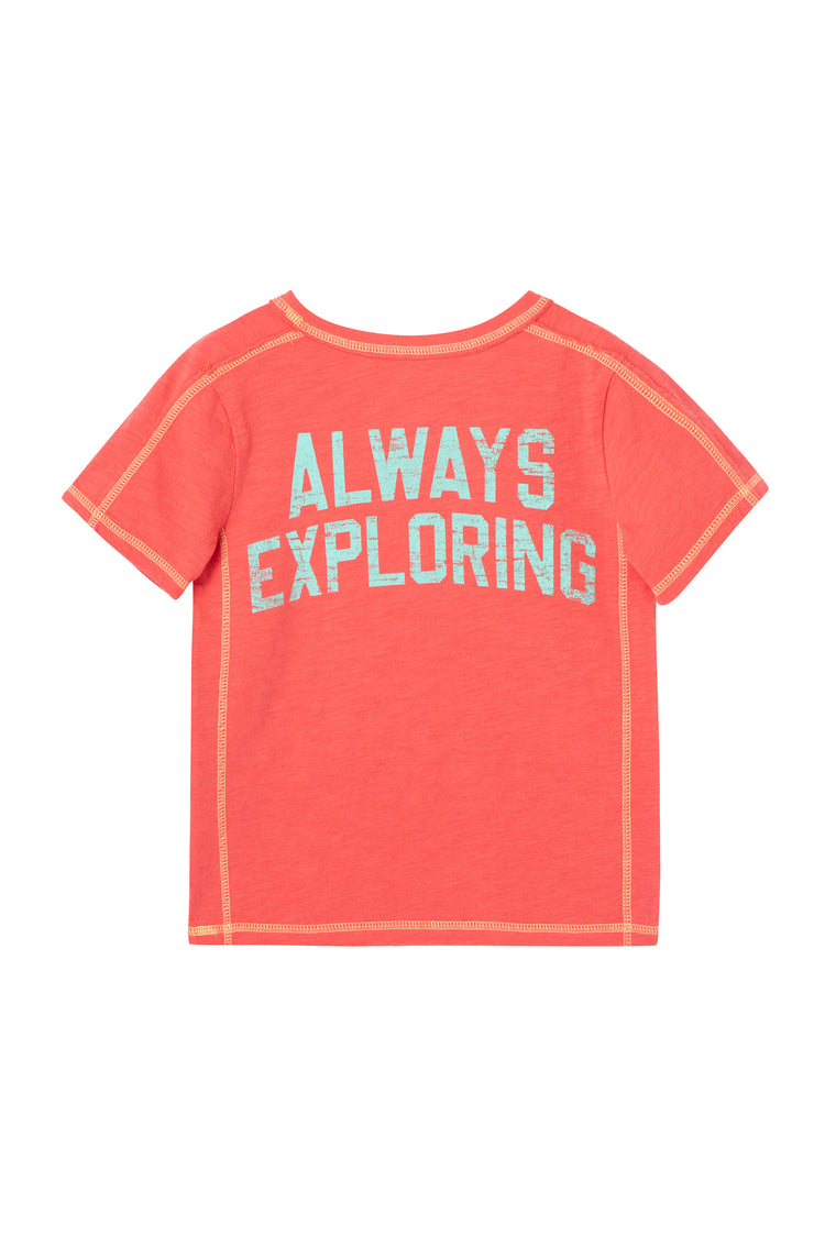 BACK OF RED T-SHIRT WITH THE WORDS "ALWAYS EXPLORING"