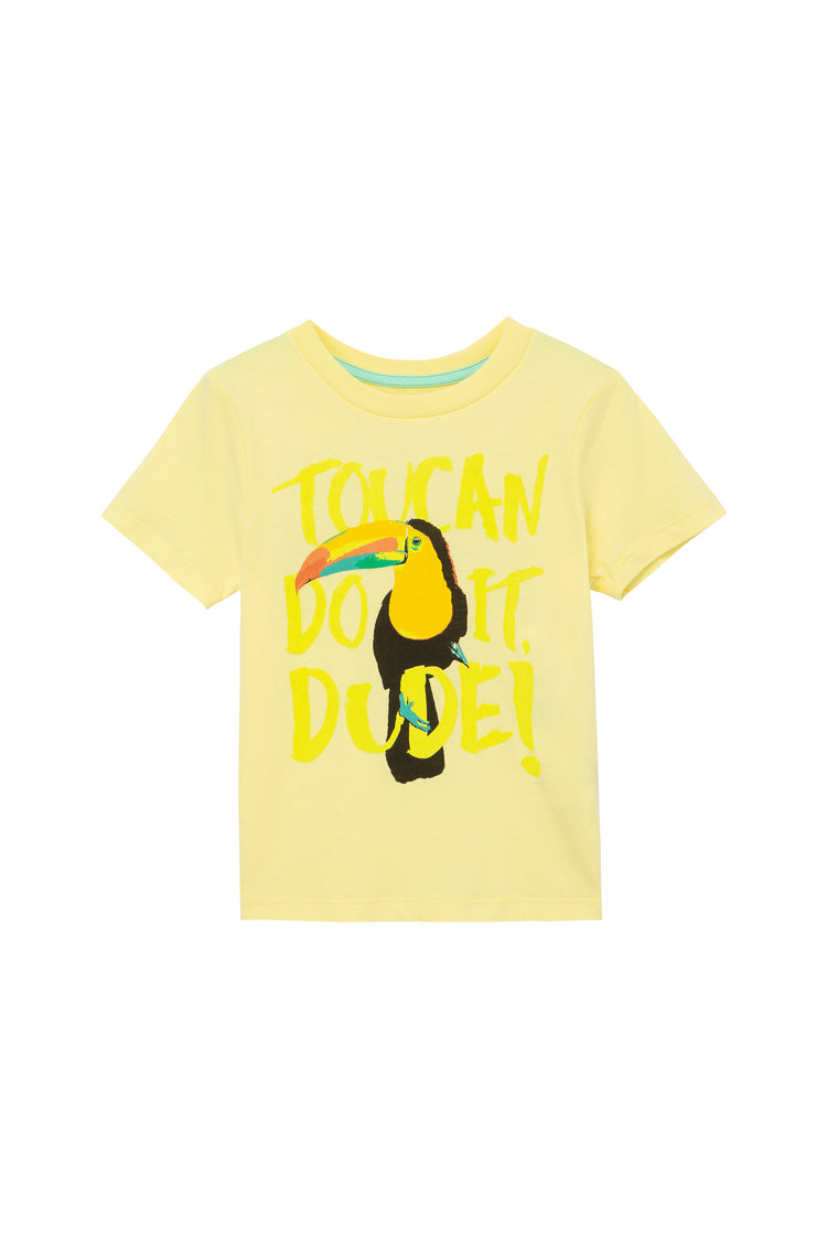 YELLOW T-SHIRT WITH A TOUCAN AND "TOUCAN DO IT DUDE"