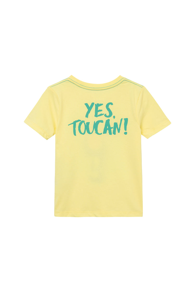 BACK OF YELLOW T-SHIRT WITH "YES TOUCAN!"