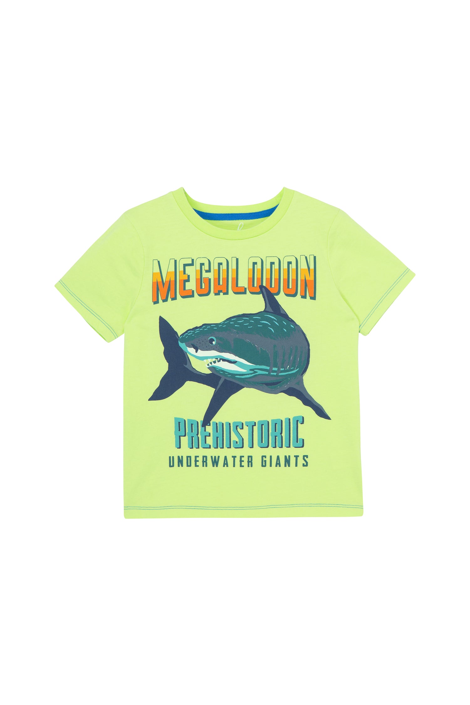 GREEN T-SHIRT WITH SHARK GRAPHIC AND "MEGALODON PREHISTORIC UNDERWATER GIANTS"