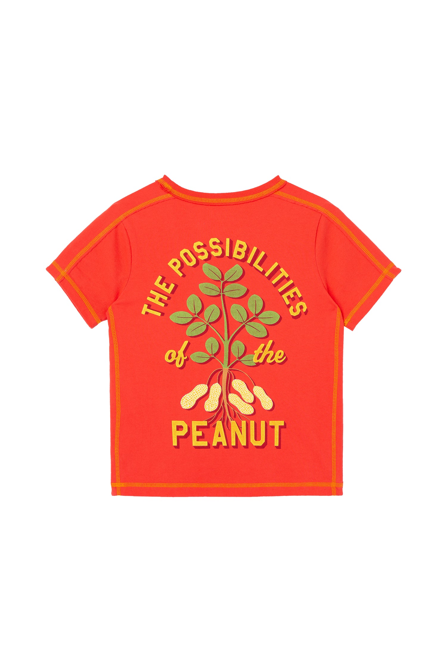 BACK OF ORANGE T-SHIRT WITH "THE POSSIBILITIES OF PEANUTS"