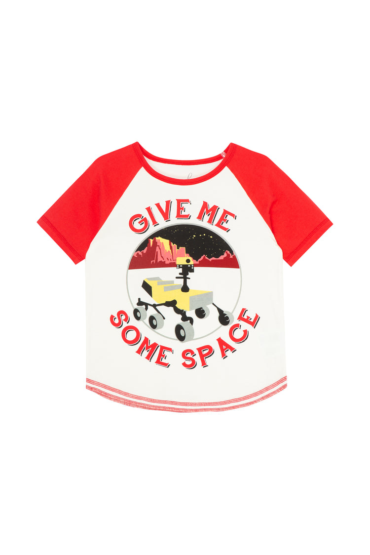 RED AND WHITE RAGLAN T-SHIRT WITH "GIVE ME SOME SPACE"