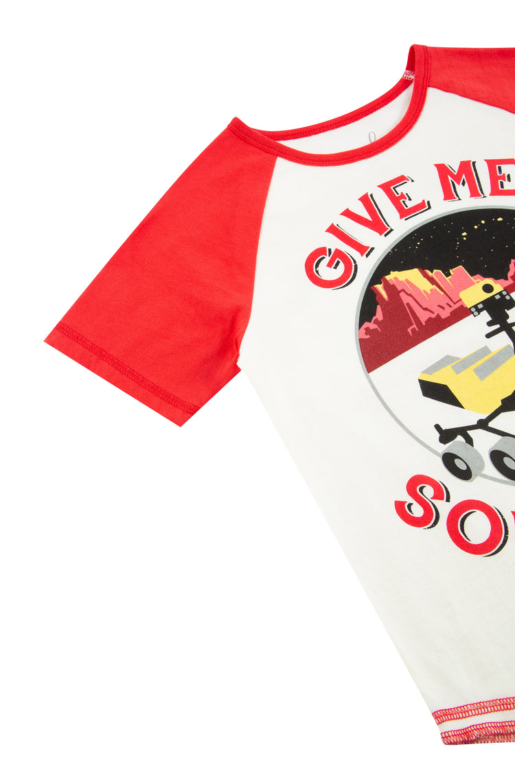 CLOSE UP OF RED AND WHITE RAGLAN T-SHIRT WITH "GIVE ME SOME SPACE"