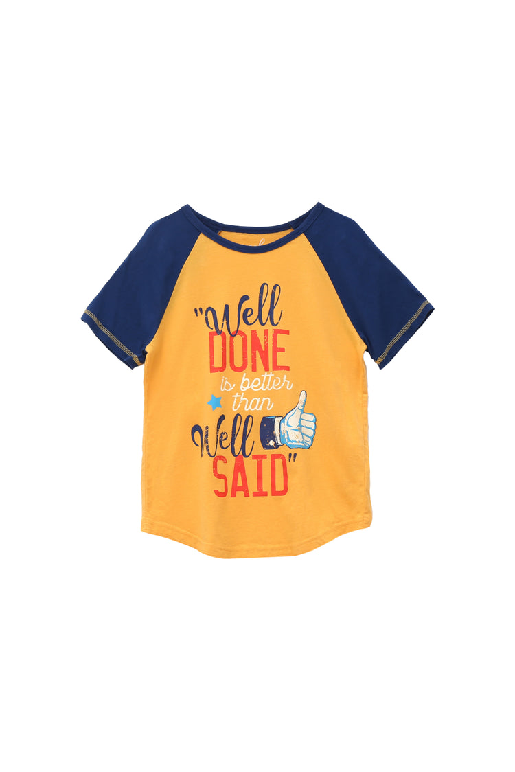YELLOW AND BLUE SHORT-SLEEVE RAGLAN TEE WITH A THUMBS UP GRAPHIC AND "WELL DONE IS BETTER THAN WELL SAID"
