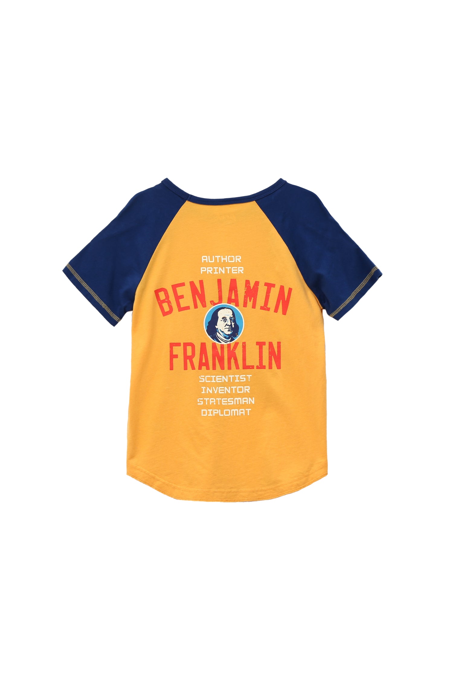 BACK OF YELLOW AND BLUE SHORT-SLEEVE RAGLAN TEE WITH "BENJAMIN FRANKLIN"