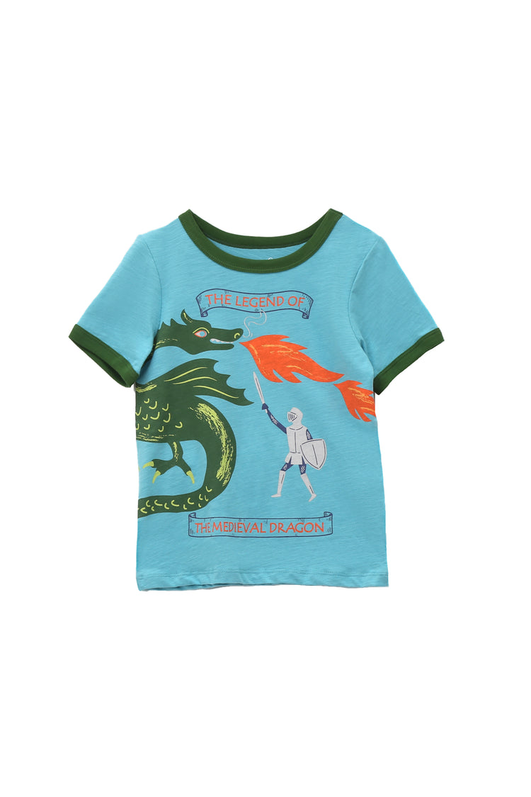 BLUE T-SHIRT WITH DRAGON AND KNIGHT GRAPHICS AND THE WORDS "THE LEGEND OF THE MEDIEVAL DRAGON"