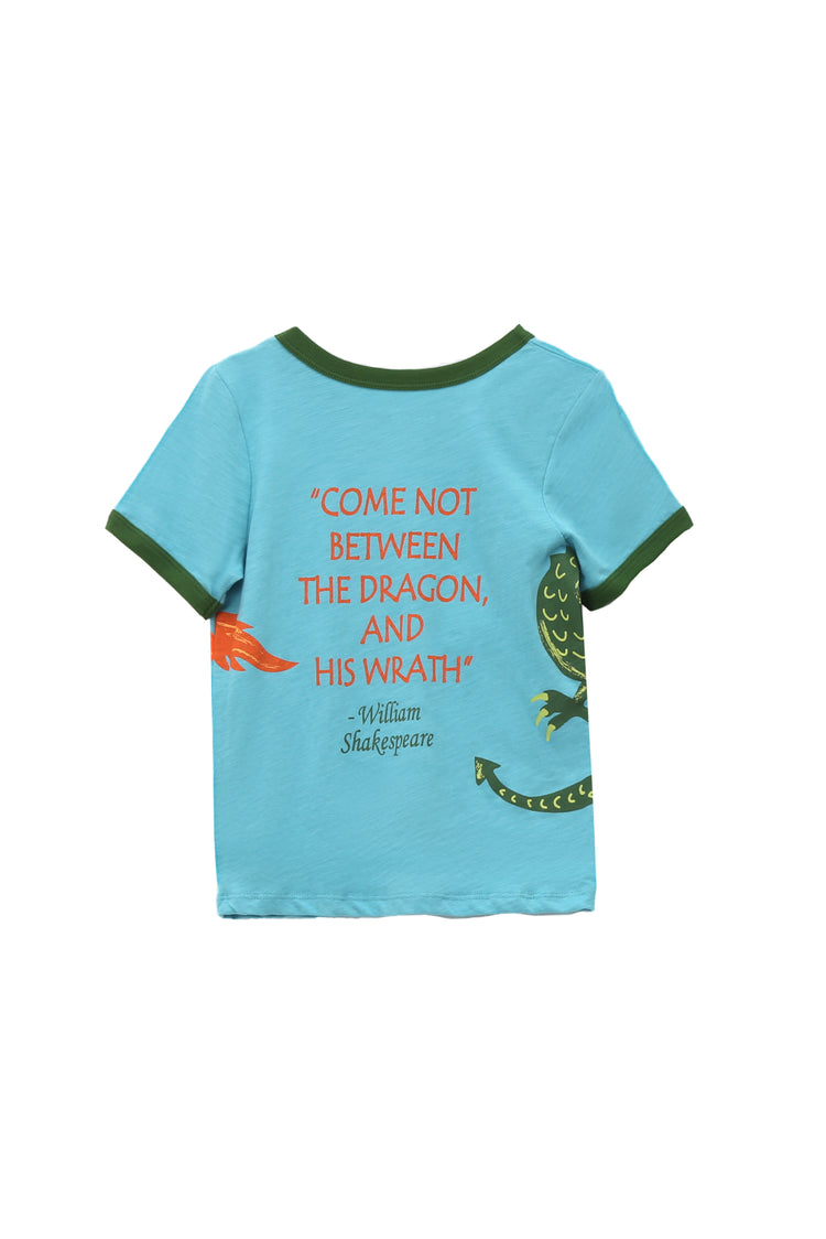 BACK OF BLUE T-SHIRT WITH DRAGON AND KNIGHT GRAPHICS AND "COME NOT BETWEEN THE DRAGON AND HIS WRATH- WILLIAM SHAKESPEARE"