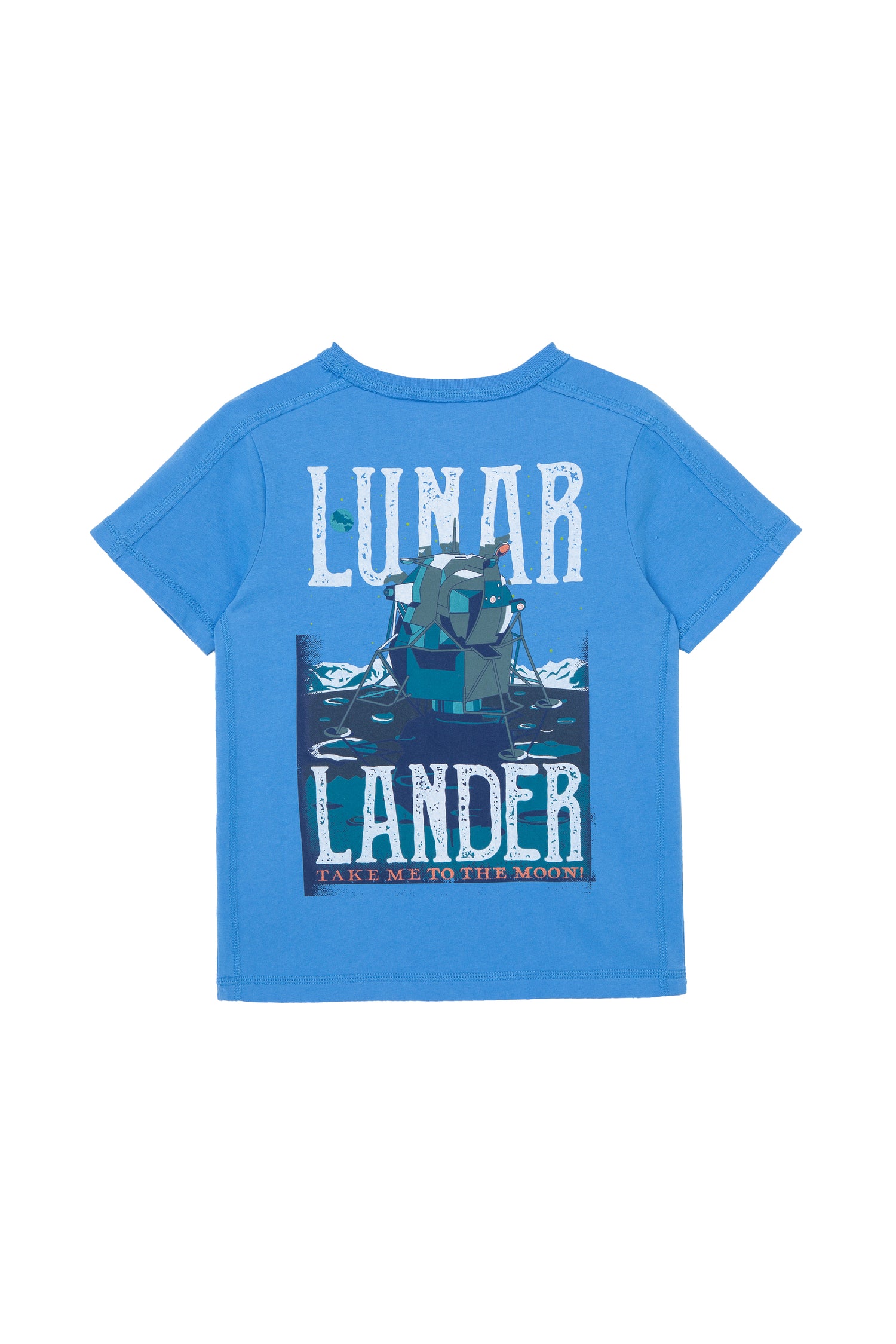 BACK OF BLUE T-SHIRT WITH "LUNAR LANDER"