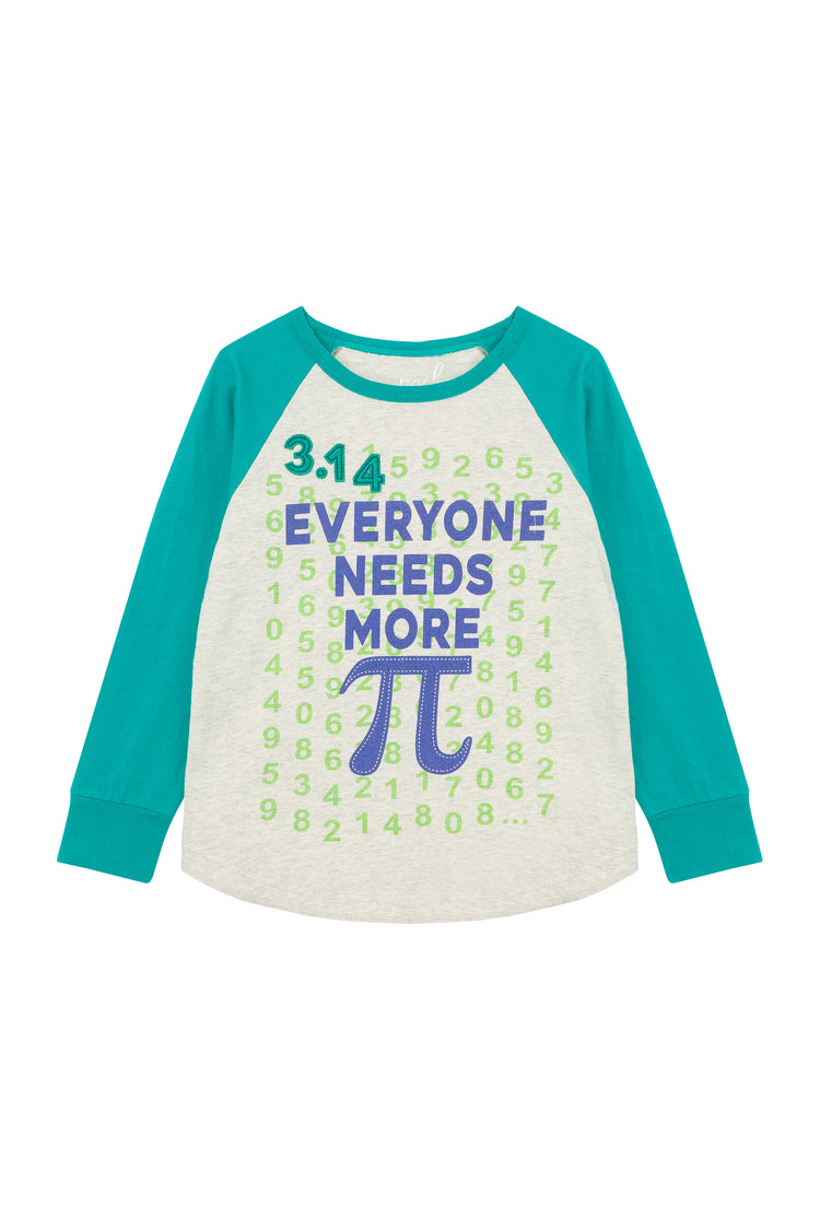 Turquoise and gray long-sleeve t-shirt with text 'Everyone needs more pi'
