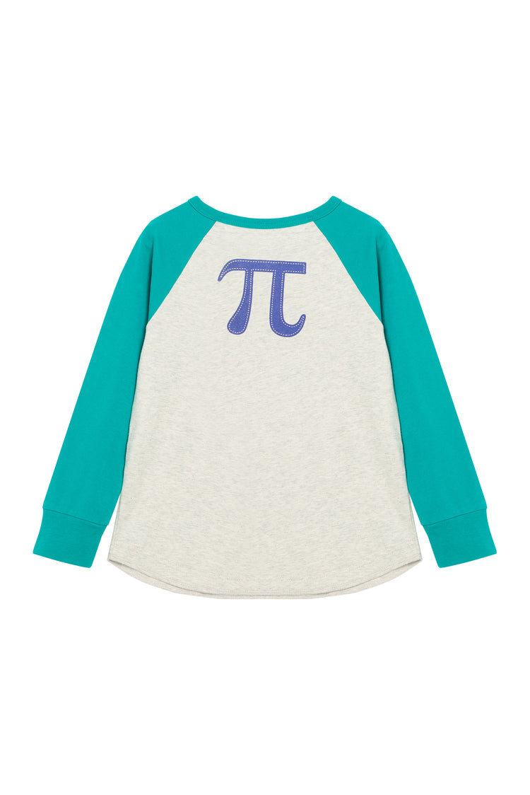 Back of turquoise and gray long-sleeve t-shirt with pi symbol