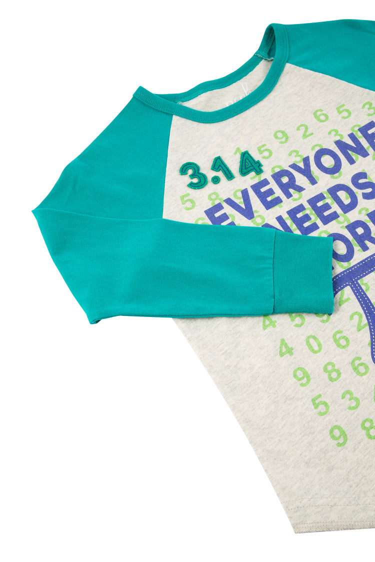 Close up of turquoise and gray long-sleeve t-shirt with text 'Everyone needs more pi'