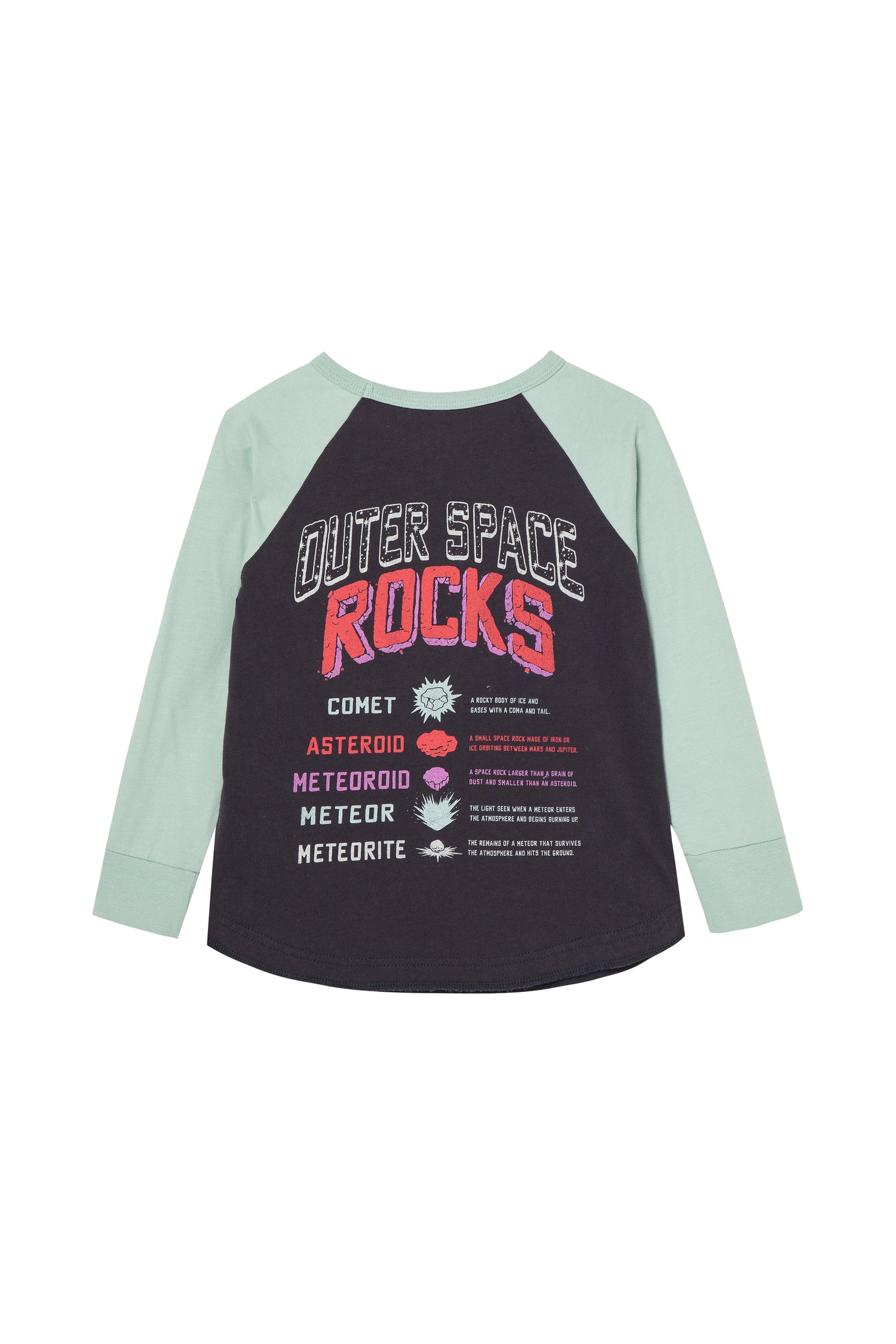 Back of Green-and-black long-sleeve t-shirt with "Space Rocks" text and definitions for each object