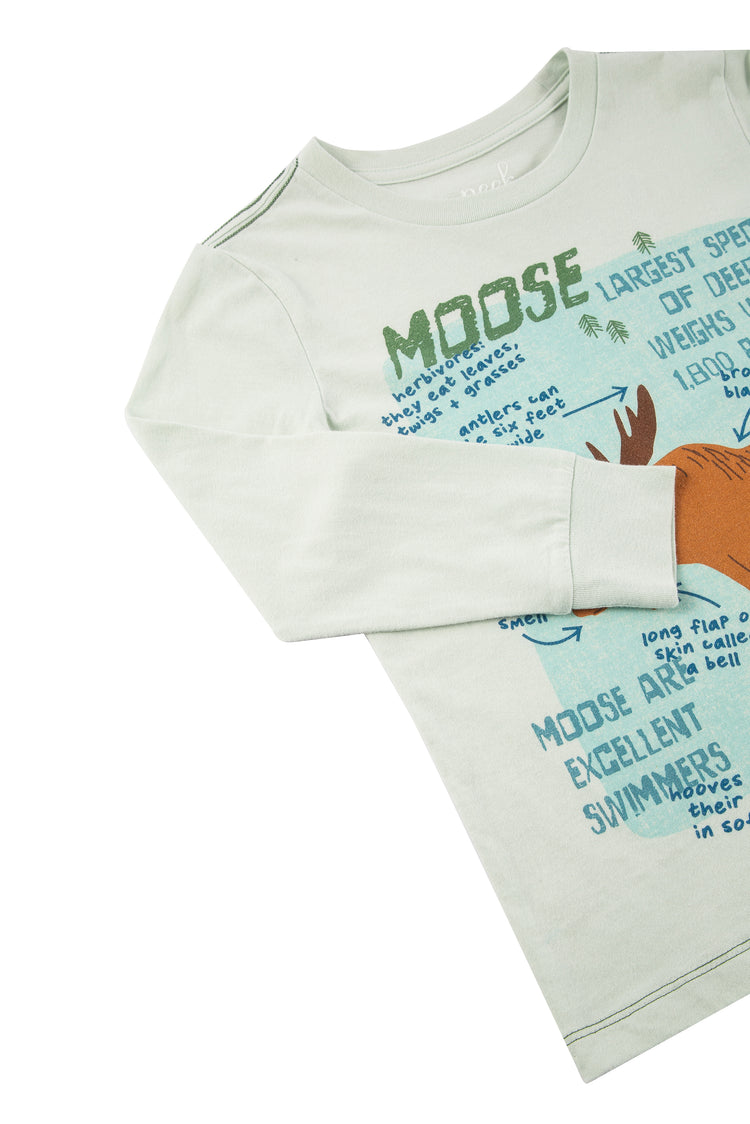 Close up of light green sweatshirt with illustrated moose and various moose-related facts & text