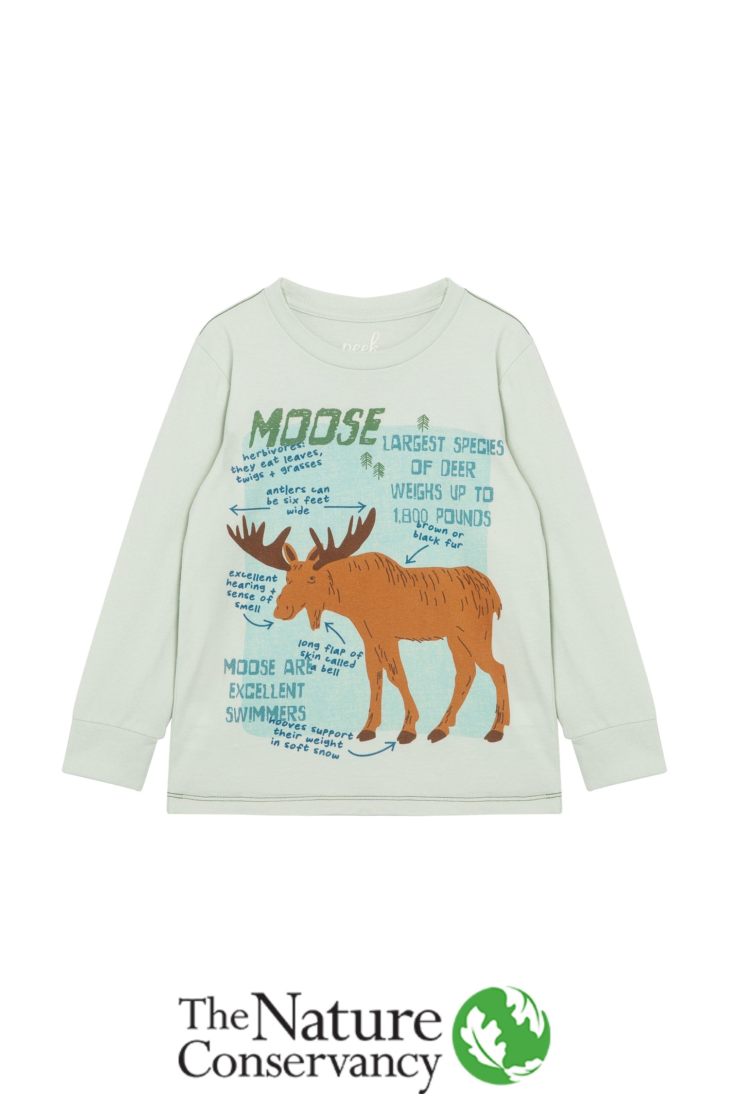 Light green sweatshirt with illustrated moose and various moose-related facts & text