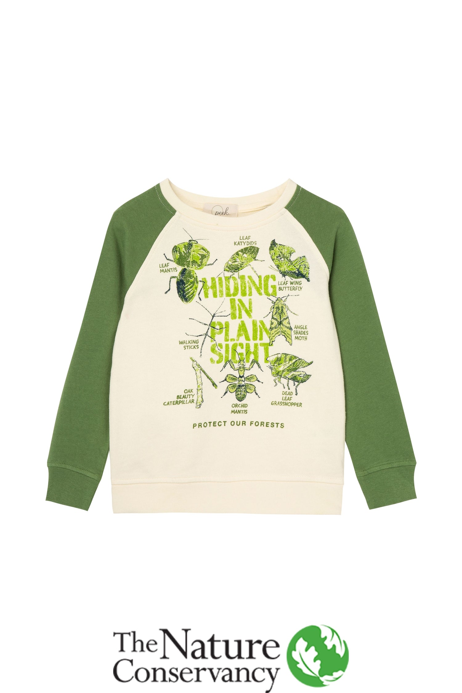 Green and white sweatshirt with illustrations of various green-colored bugs 'hiding in plain sight'