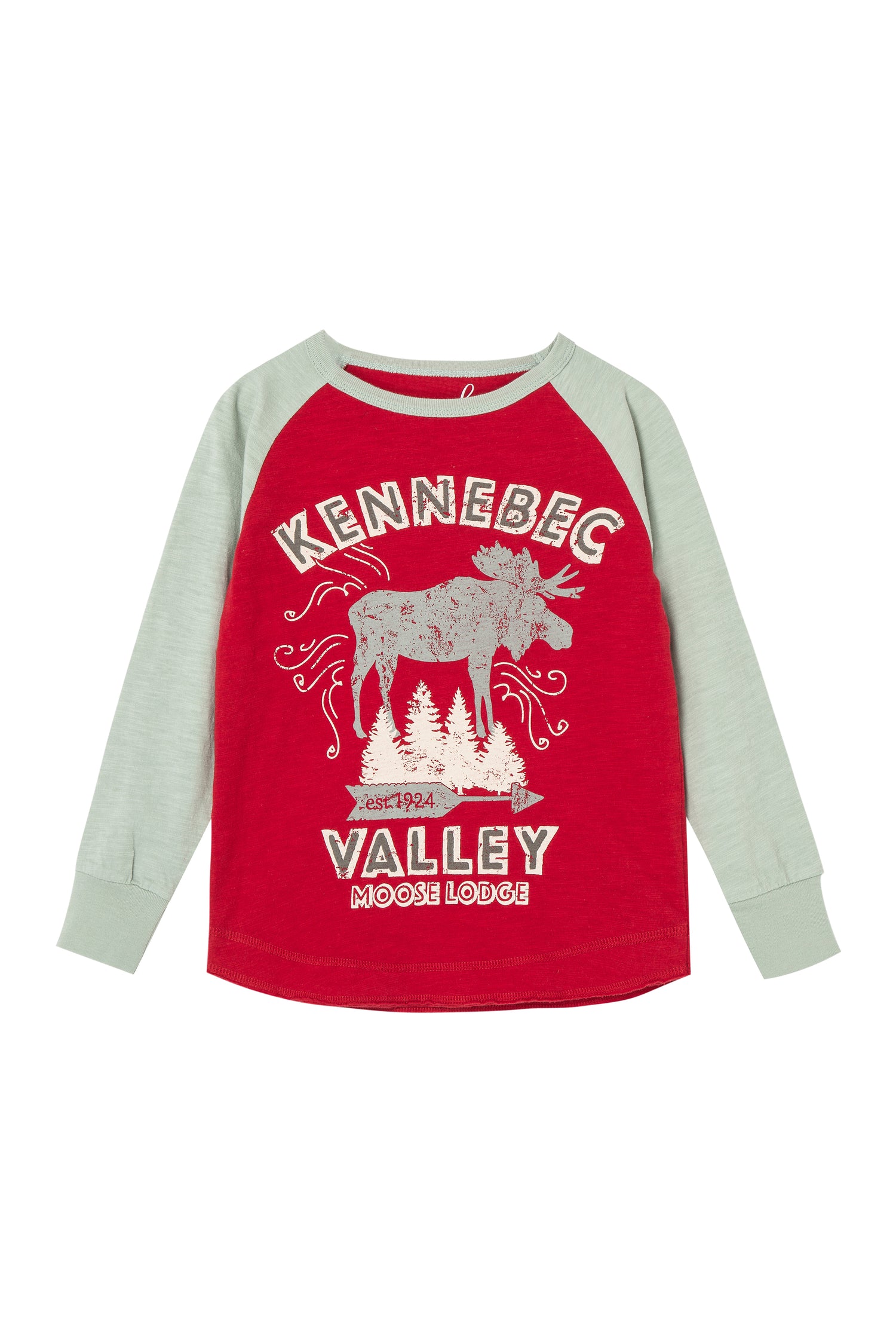 Front view of red long sleeve with a moose and "Kennebec" written