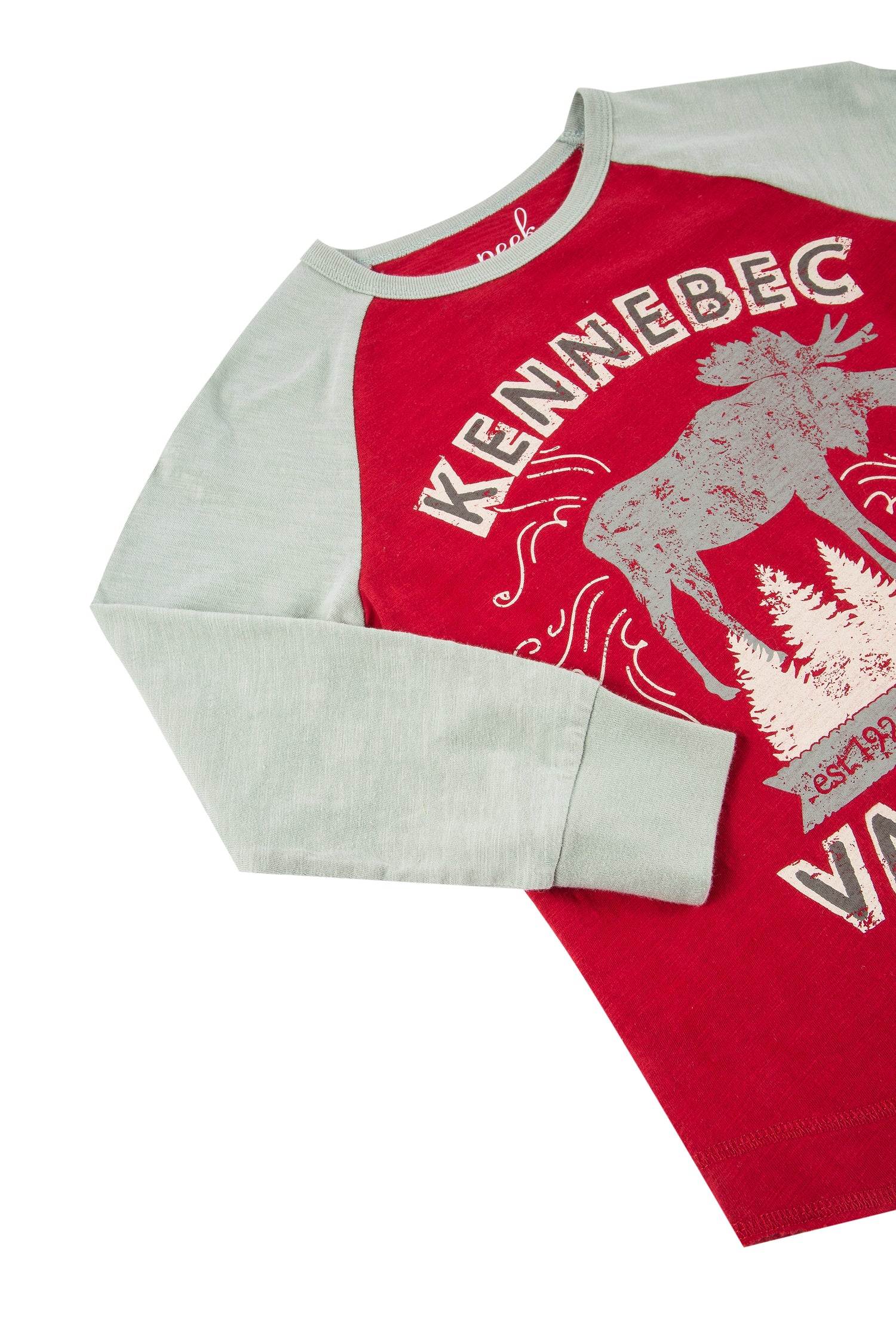 Close up view of red long sleeve with a moose and "Kennebec" written