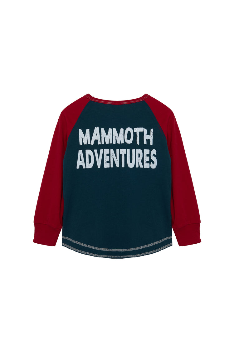 Back view of navy and red mammoth themed shirt 