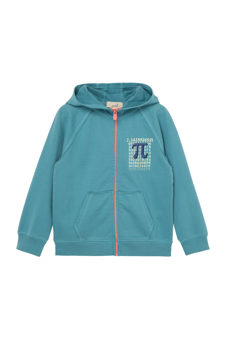 Turquoise hoodie with pi symbol on front with first string of numbers