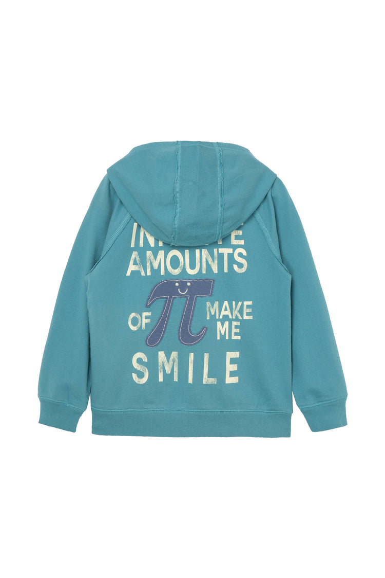 Back of turquoise hoodie with white text