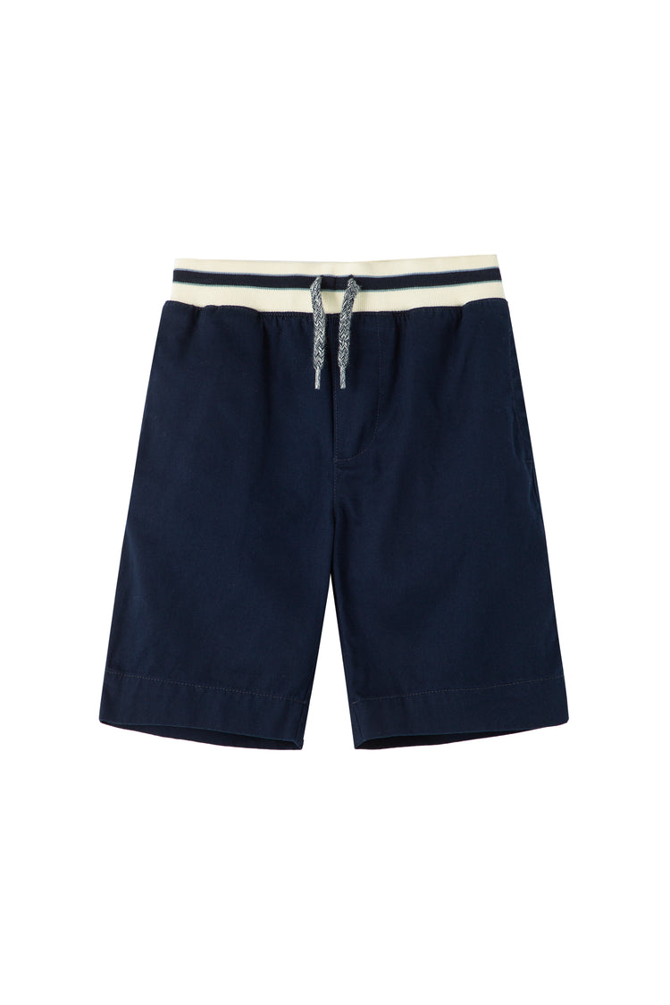 Navy pull on shorts with white-and-blue striped waistband and gray drawstring
