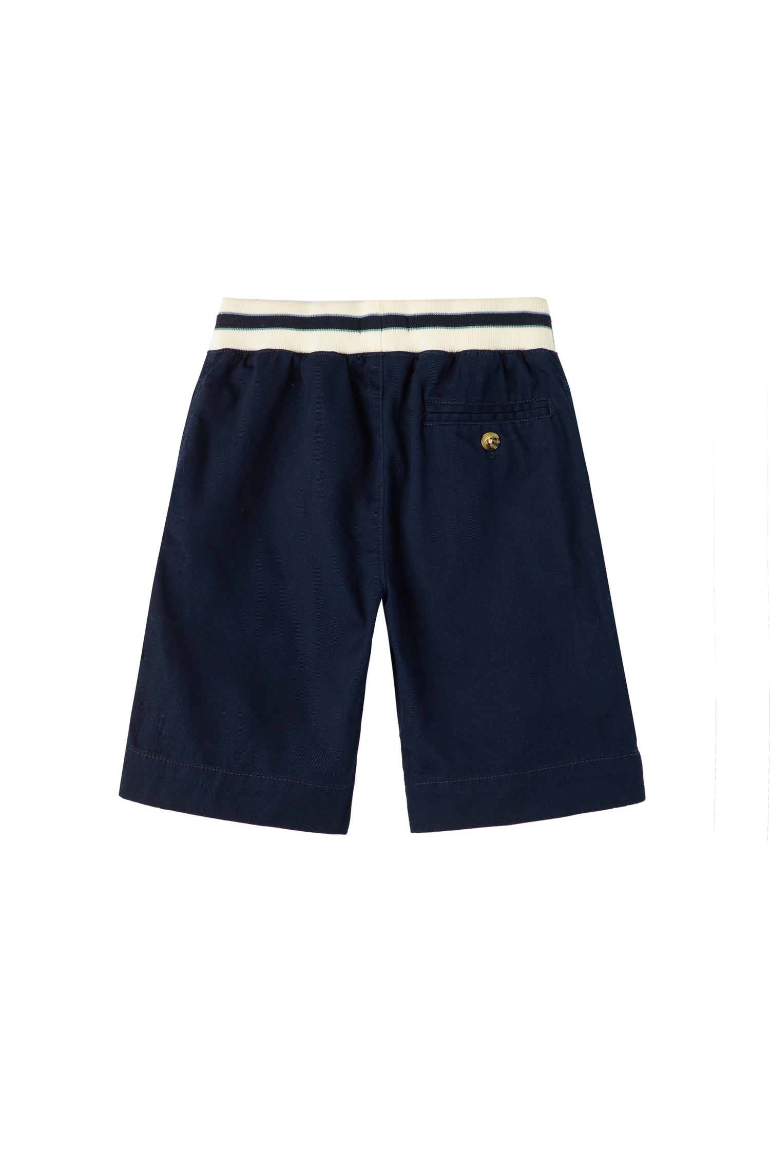 Back of navy pull on shorts with white-and-blue striped waistband