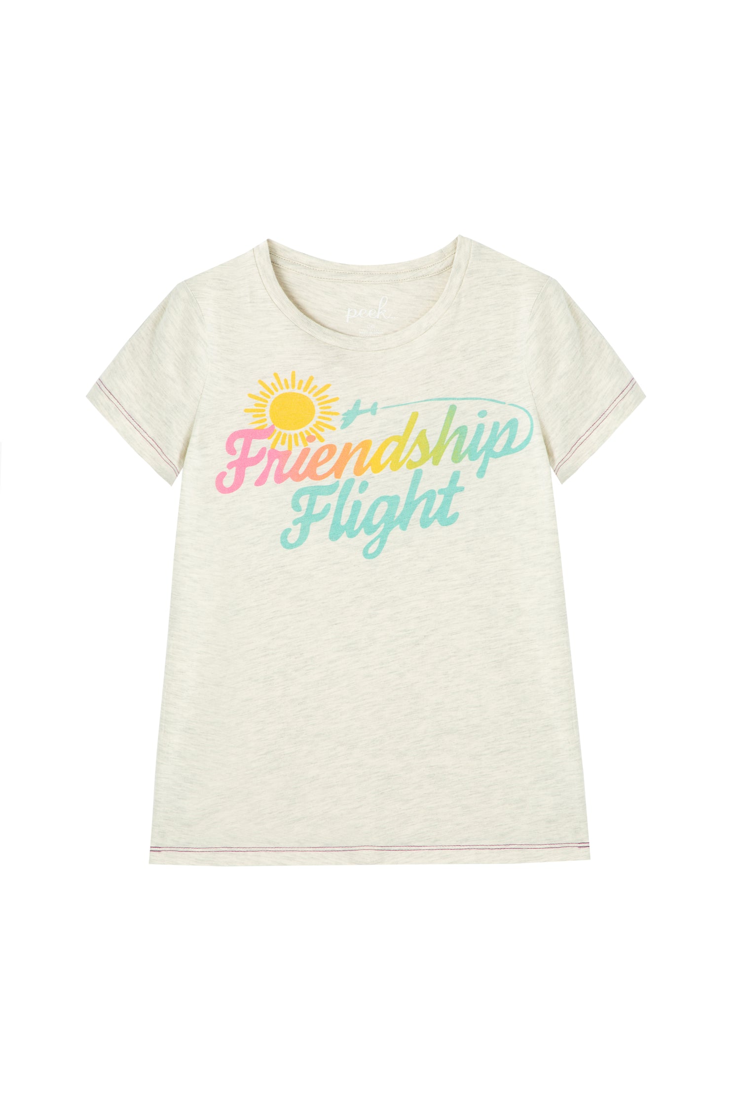 Gray t-shirt with illustrated sun and multi-colored 'friendship flight' text