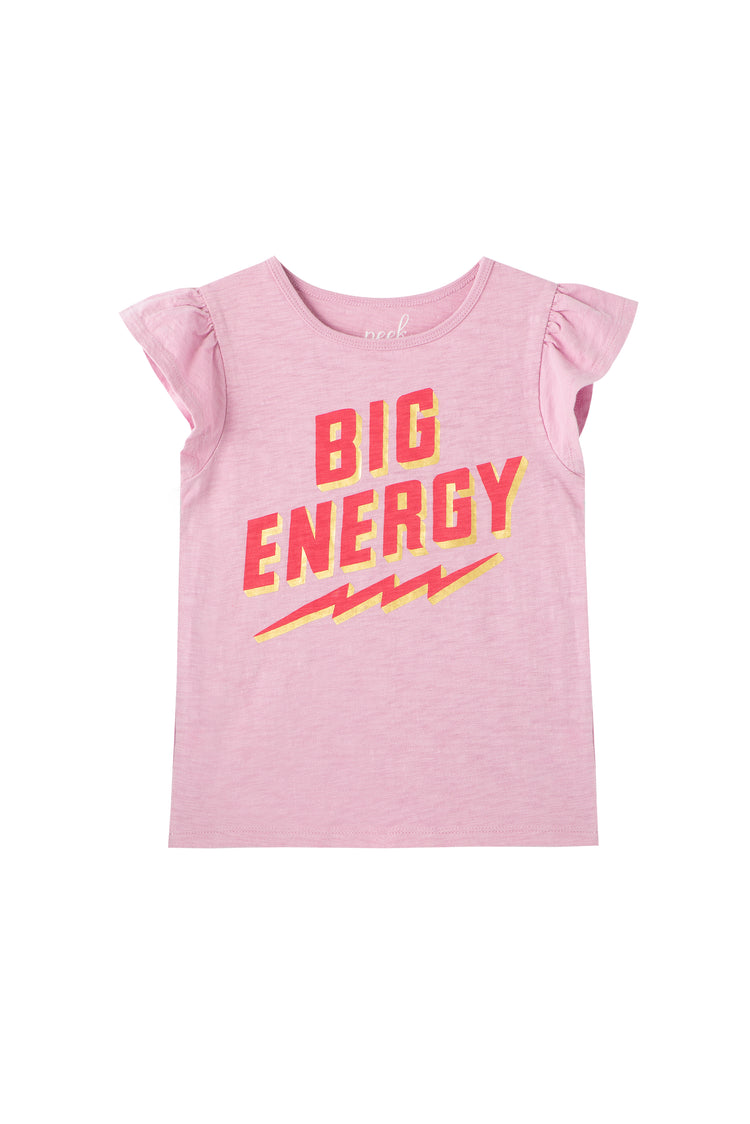 Pink cut-off t-shirt with red 'big energy' text