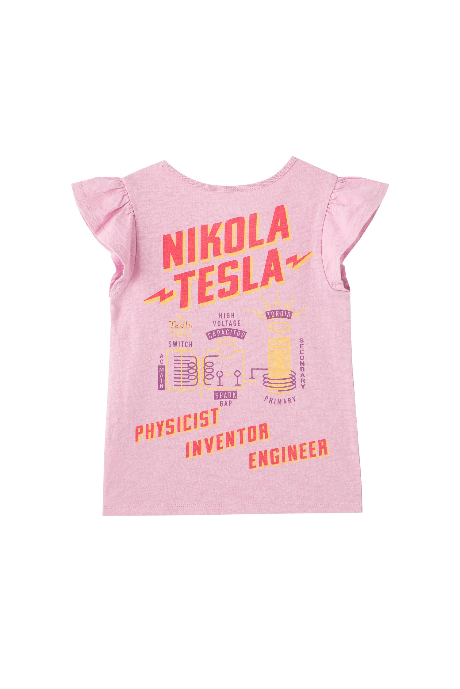 Pink cut-off t-shirt with text and facts about Nikola Tesla