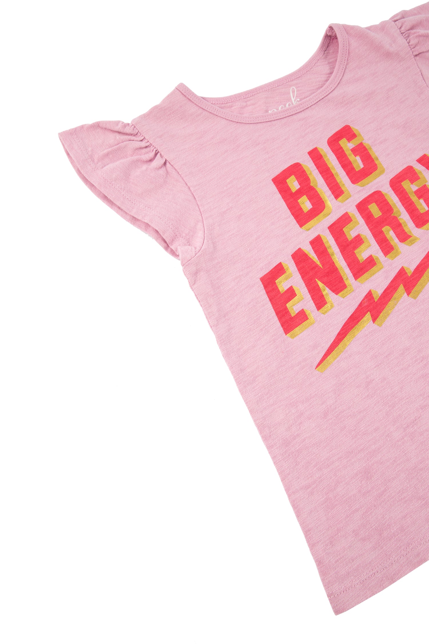 Close up of pink cut-off t-shirt with red 'big energy' text