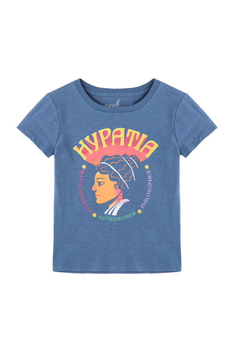 Blue t-shirt with bust of Hypatia and "mathematician astronomer philosopher" text