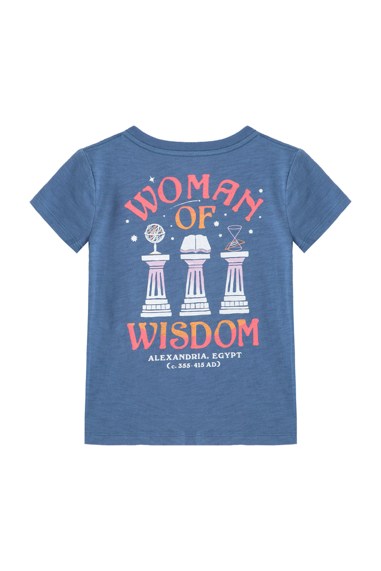 Back of blue t-shirt with 'woman of wisdom' text and white columns