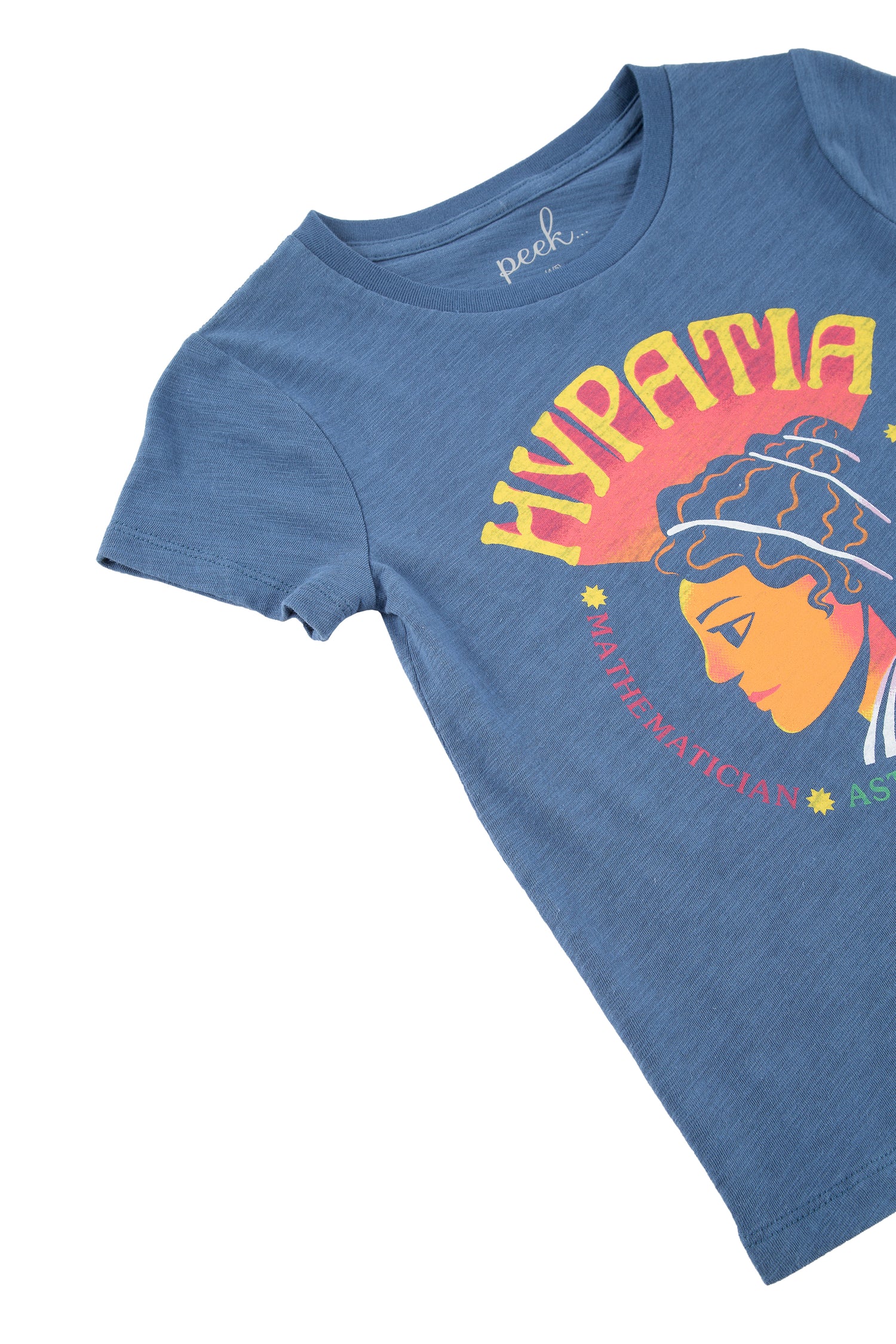 Close up of blue t-shirt with bust of Hypatia and "mathematician astronomer philosopher" text