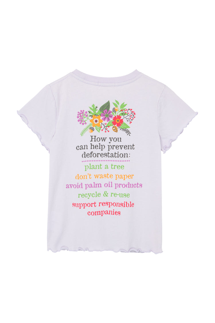 Back of light purple t-shirt with multicolored flowers and text about ways you can prevent deforestation