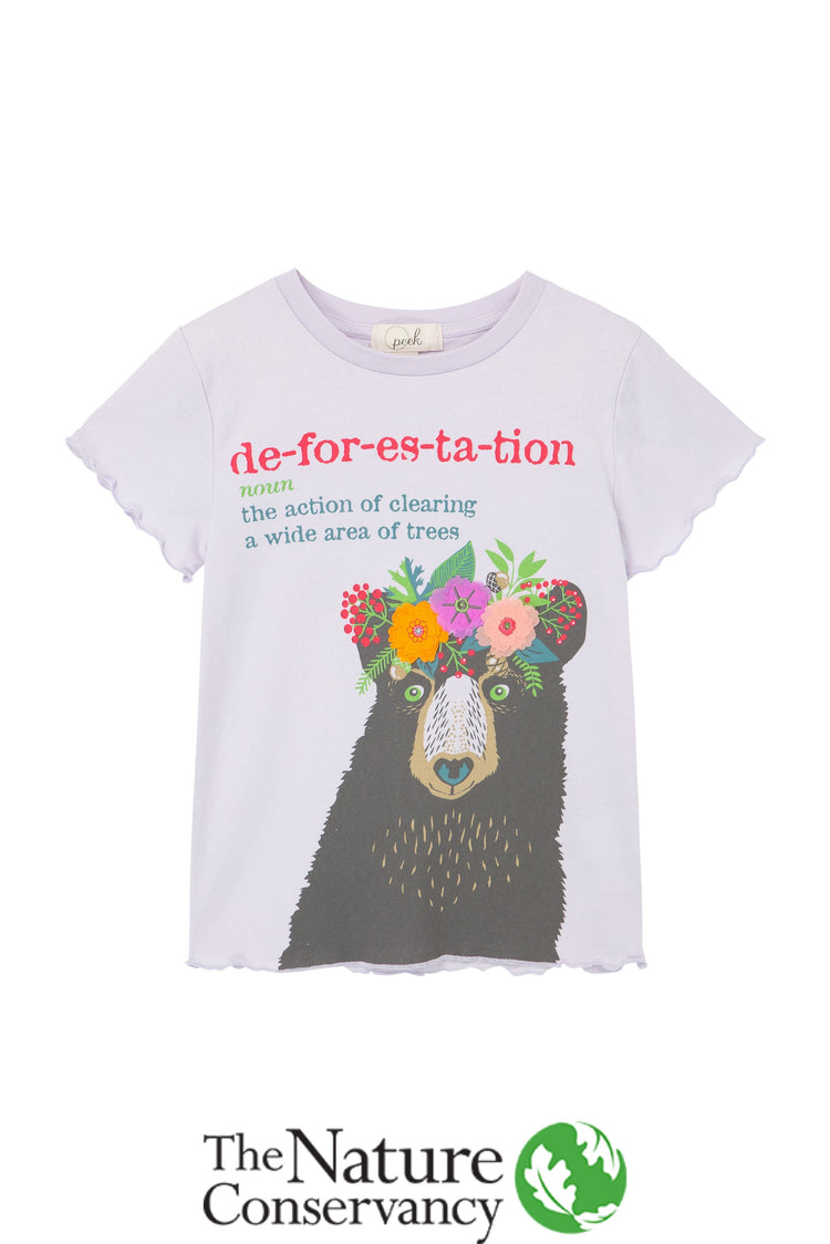 Light purple t-shirt with illustrated bear wearing flowers and deforestation definition text