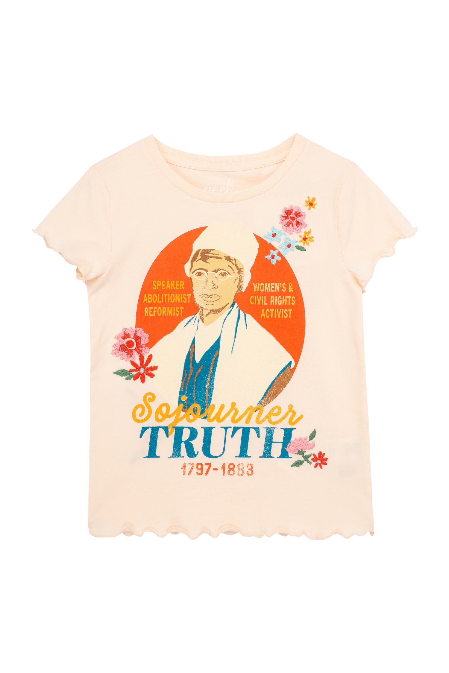 Light pink cut-off t-shirt with memorial illustration of Sojourner Truth, text, and flowers